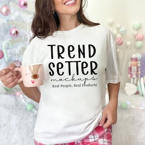 Comfort Colors 1717 White Mockup, CC1717 Christmas Shirt Mock-Up, Trendy Pastel Holiday, Real Person Model, Real Person Model