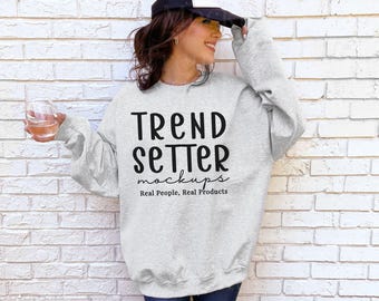 Gildan 18000 Ash Sweatshirt Mockup, Crewneck Sweatshirt Mock-up, G18000 Trendy Street Style Grey Pullover, Aesthetic Real Person Model