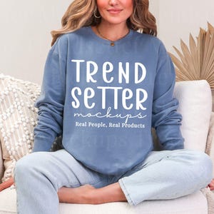 Comfort Colors 1466 Blue Jean Sweatshirt Mockup | CC1467 Blue Jean Crewneck Sweatshirt Mock-up | Real Person Model | Trendy Boho Aesthetic
