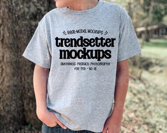 Gildan 5000B Ash Grey T-Shirt Mockup, Kids Youth Tee, Outdoor Lifestyle, Real Person Model