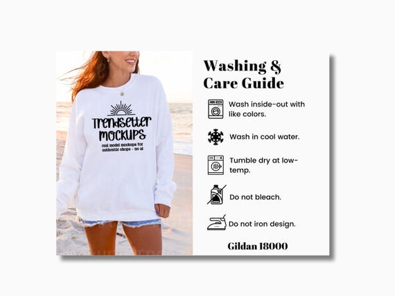 Gildan 18000 Care Instructions, G18000 Garment Washing Guide, Shirt Care Chart, G18000 Mockup, POD Seller Tools, Real Person Model
