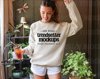 Gildan 18000 Sand Mockup, G18000 Crewneck Sweatshirt, Boho Lifestyle, Real Person Model