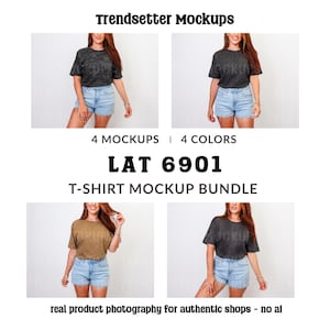 Könnte beinhalten: Ein T-Shirt-Mockup-Bundle mit vier verschiedenen Mockups und vier Farben. Der Text "Trendsetter Mockups" steht oben, und "LAT 6901 T-SHIRT MOCKUP BUNDLE" steht in der Mitte. Der Text unten lautet "real product photography for authentic shops - no ai".