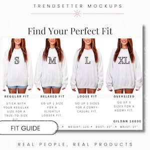 Könnte beinhalten: Größenübersicht für weiße Sweatshirts mit vier Models in den Größen S, M, L und XL. Der Leitfaden bietet Passformempfehlungen: Regular, Relaxed, Loose und Oversized. Der Text enthält "Finden Sie Ihre perfekte Passform" und "Fit Guide".