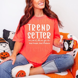 Comfort Colors 1717 Bright Salmon TShirt Mockup | CC1717 Bright Salmon Shirt Mockup | Real Person Model | POD | Trendy Halloween Aesthetic