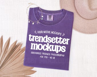Comfort Colors 1717 Grape T-Shirt Mockup, CC1717 Tee Shirt, Boho Flat Lay, No AI