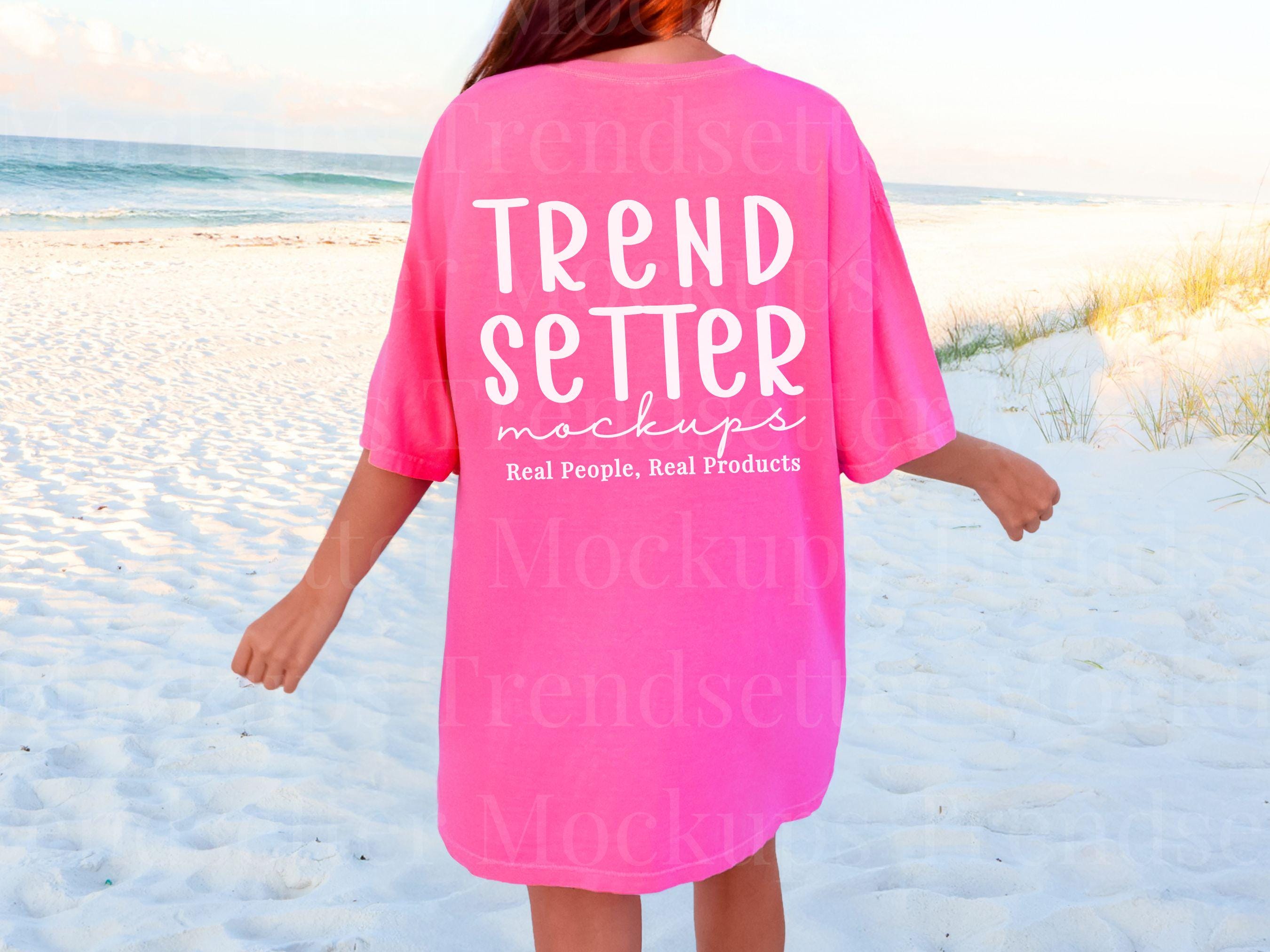 Comfort Colors 1717 Neon Pink Tshirt Mockup | CC1717 Neon Pink Back of Shirt Mock-up | Trendy Lifestyle Beach Aesthetic | Real Person Model