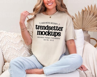 Gildan 64000 Sand T-Shirt Mockup, Boho G64000 Mock, Real Model