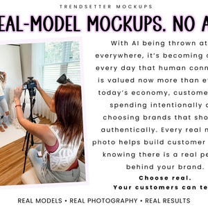 The image is a collage of two photos. In the first photo, a woman is posing for a photo shoot, while in the second photo, another woman is taking a photo of the same woman. The text above the collage reads "TRENDSETTER MOCKUPS" and "REAL-MODEL MOCKUPS. NO AI."
