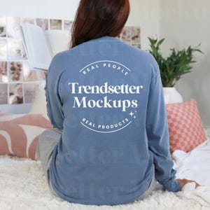 Comfort Colors 6014 Blue Jean Shirt Mockup | CC6014 Blue Long Sleeve Tee | C6014 Back of Shirt | Real Model | Trendy Cozy Aesthetic