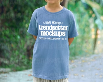 Comfort Colors 9018 Blue Jean T-Shirt Mockup, C9018 Kids Tee, Outdoor Lifestyle, Real Model