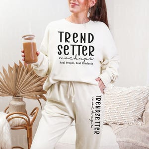 Comfort Colors 1466, 1469 Ivory Set Mockup | CC1469 Fleece Sweatpants | CC1466 Crewneck Sweatshirt | Real Person Model |Cozy Aesthetic