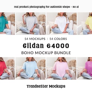 Gildan 64000 T-Shirt Mockup Bundle, G64000 Oversized Tee Mock-ups, Boho Lifestyle, Real Model image 1