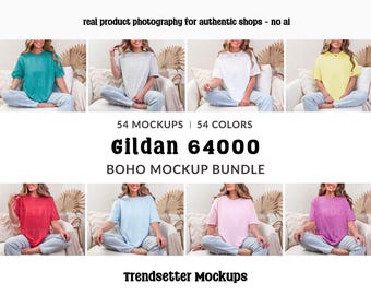 Gildan 64000 T-Shirt Mockup Bundle, G64000 Boho Mocks, Real Model