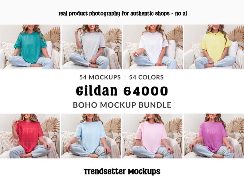 Gildan 64000 T-Shirt Mockup Bundle, G64000 Oversized Tee Mock-ups, Boho Lifestyle, Real Model image 1