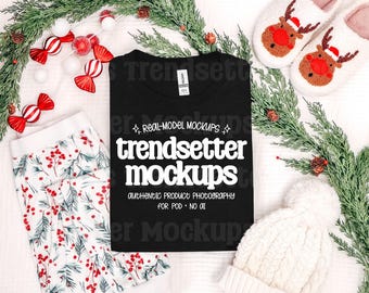Gildan 5000 Black Christmas T-Shirt Mockup: Flat Lay Photography (Digital Download)