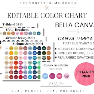 Tabla de colores editable Bella Canvas, muestras de tela Bella Canvas 3001, plantilla de tabla de colores editable Canva, tabla CVC 3001, Triblend 3413