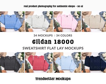 Paquete de maquetas Gildan 18000, sudadera de cuello redondo G18000 con vistas planas, sin IA