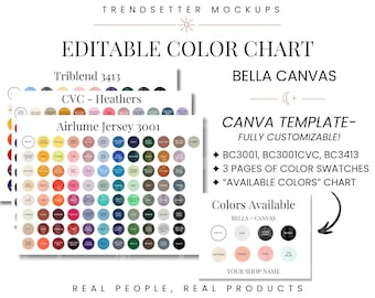 Editable Bella Canvas Color Chart, Bella Canvas 3001 Color Chart, Editable Color Chart Canva Template, 3001CVC Chart, Triblend Color Chart