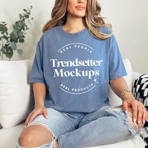 Comfort Colors 1717 Blue Jean Mockup, CC1717 Oversized Tee Mock-up, Trendy Retro Checkered Mockup, Crewneck Tshirt, Real Person Model