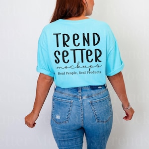 Comfort Colors 1717 Lagoon Blue TShirt Mockup | CC1717 Lagoon Blue Mock-up | Real Model | Back of Shirt | Trendy Minimalist Studio Aesthetic