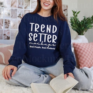 Comfort Colors 6014 True Navy Shirt Mockup | CC6014 Blue Long Sleeve Tee | C6014 T-Shirt Mock-up | Real Model | Trendy Bookish Aesthetic