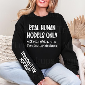 Gildan 18000 Black Sweatshirt Mockup, G18000 Sweatshirt Sleeve View, Boho Lifestyle, Real Person Model