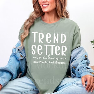 Gildan 64000 Sage TShirt Mockup | G64000 Sage Green Mockup | Real Person Model | POD | G640 Casual Simple Neutral Styled Aesthetic