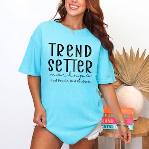 Comfort Colors 1717 Lagoon Blue TShirt Mockup | CC1717 Lagoon Blue Mockup | Real Person Model | POD | Bright Summer Beach Aesthetic