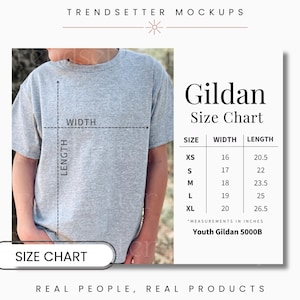 Gildan 5000B Youth Size Chart, Unisex Gildan G5000B Size Chart, Gildan Shirt Kids Size Chart, Gildan 5000B Mockup