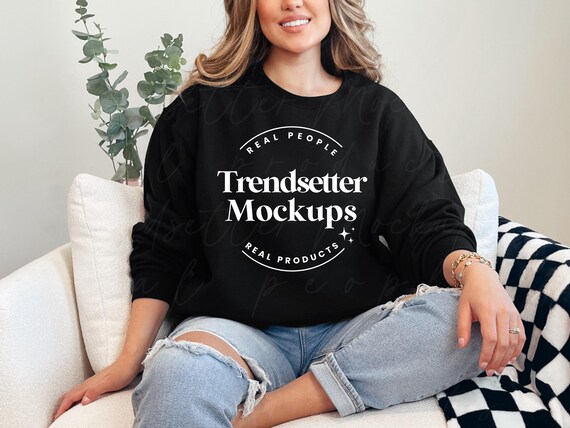 Jerzees 562MR Black Mockup Crewneck Sweatshirt Sleeve Mock up Trendy Minimalist Checkered J562MR Pullover Etsy UK