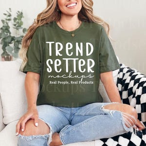 Bella Canvas 3001 Military Green Mockup, BC3001 Trendy Checkered Mock-Up, Simple Green Blank Tshirt for POD Shops, Real Person Model