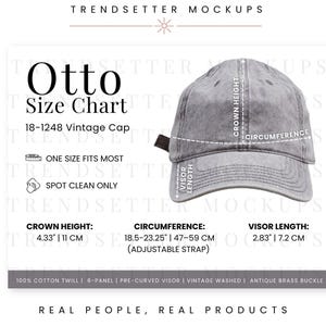 Puede incluir: Gorra vintage Otto gris con una tabla de tallas. La tabla muestra una altura de corona de 11 cm, una circunferencia de 47-59 cm y una longitud de visera de 7,2 cm. La gorra está hecha de sarga de algodón.