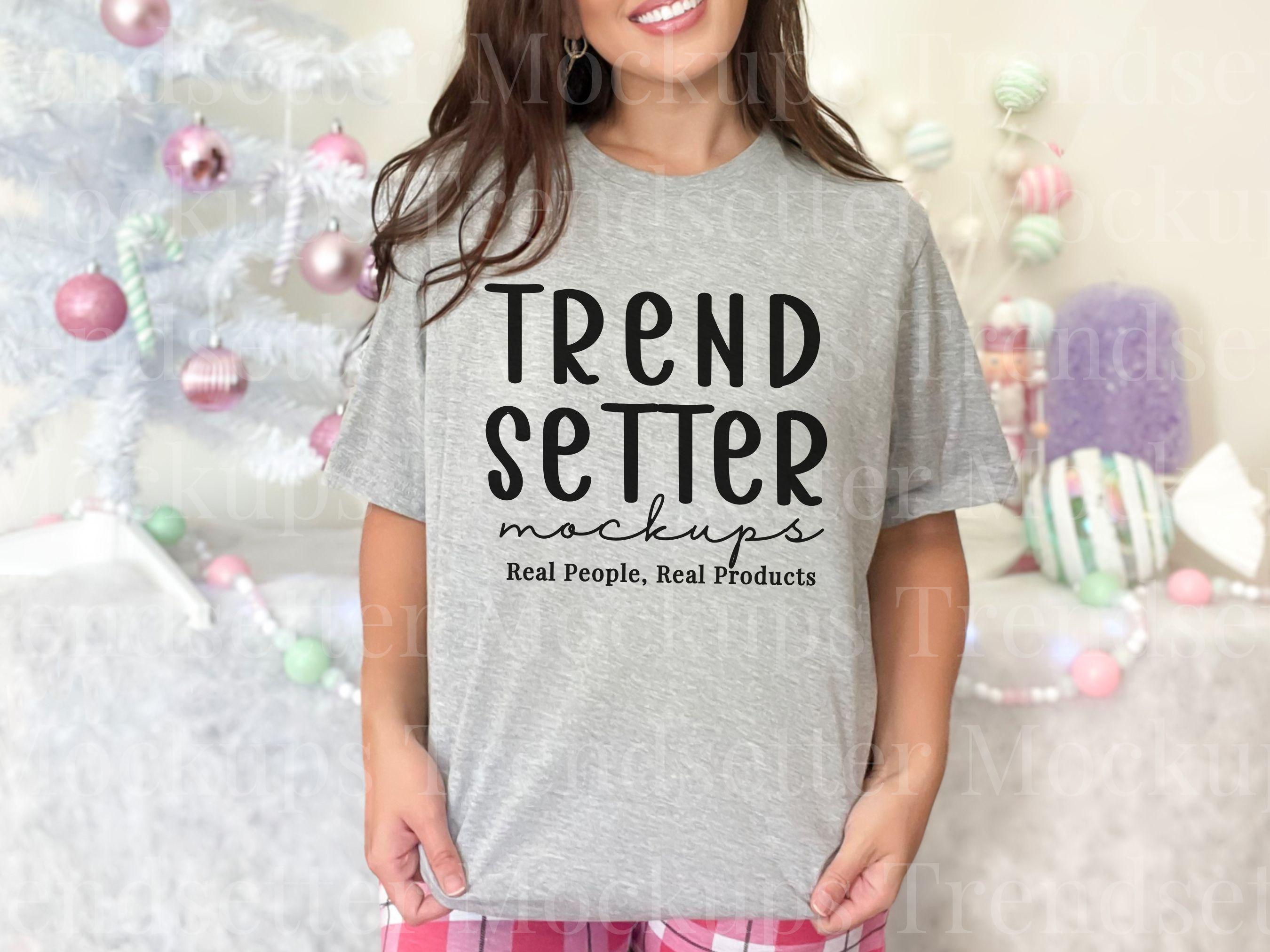 Bella Canvas 3001 Athletic Heather Mockup, BC3001 Grey Christmas Shirt Mock-Up, Trendy Pastel Holiday, PNG Download, Real Person Model
