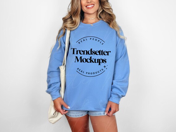 Gildan 18000 Carolina Blue Mockup G18000 Blue Crewneck Sweatshirt Boho Mock up Trendy Minimalist Sweater Pullover Mock Real Person Model Etsy Ireland