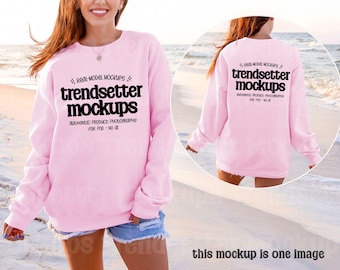 Gildan 18000 Light Pink Sweatshirt Mockup, Oversized G18000 Front & Back, Summer Beach Lifestyle, Real Person Model