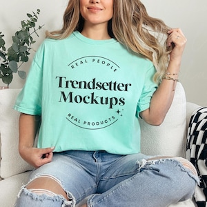 Comfort Colors 1717 Island Reef Mockup, CC1717 Oversized Tee Mock-up, Trendy Retro Checkered Green Crewneck Tshirt, Real Person Model