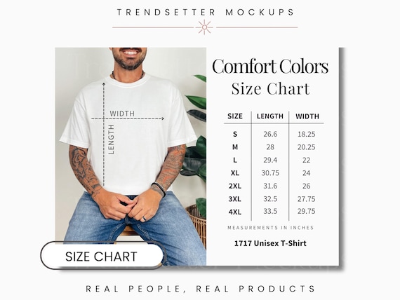 Mens Comfort Colors Size Chart, CC1717 T-shirt Measurement Guide