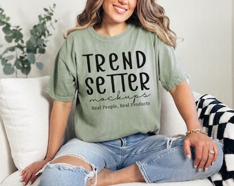 Comfort Colors 1717 Bay Mockup, CC1717 Oversized Tee Horizonal Mock-up, Trendy Retro Checkered Mockup, Crewneck Tshirt, Real Person Model