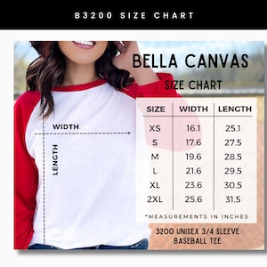 Bella Canvas 3200 Size Chart, Unisex B3200 Size Chart, Raglan Baseball Tee Shirt Size Chart, Bella and Canvas Mockup