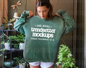 Gildan 18000 Heather Sport Dark Green Mockup, G18000 Crewneck Sweatshirt, Boho Lifestyle, Real Person Model