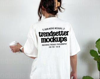 Gildan 5000 White T-Shirt Mockup, G5000 Back View of Oversized Tee, Minimalist Lifestyle, Real Person Model