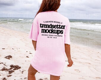 Comfort Colors 1717 Blossom T-Shirt Mockup, Summer Beach Lifestyle, CC1717 Back View, Real Person Model