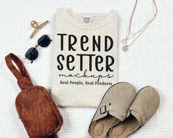 Comfort Colors 1717 Ivory Mockup, CC1717 T-Shirt, Boho Flat Lay