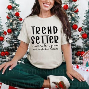 Bella Canvas 3001 Natural TShirt Christmas Mockup | BC3001 Natural Shirt Mock-up | Real Person Model Mock | Cozy Christmas Holiday Aesthetic
