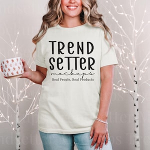 Bella Canvas 3001 Natural TShirt Christmas Mockup | BC3001 Natural Shirt Mock-up | Real Person Model Mock | Cozy Christmas Holiday Aesthetic