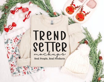 Christmas Sand Flat Lay Mockup, Gildan 18000 Crewneck Sweatshirt, Real Product Photography