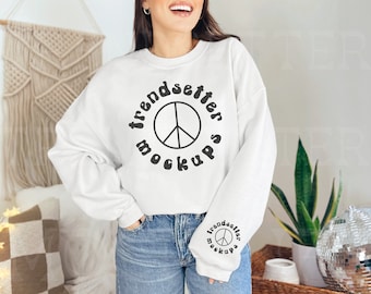 Gildan 18000 White Mockup, Crewneck Sweatshirt Sleeve Mock-up, Trendy Minimalist Boho G18000 Pullover, Free Unisex Size Chart