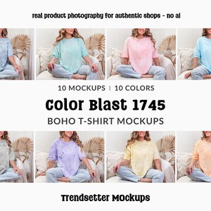 May include: A product mockup featuring eight different colored Boho T-shirts. The shirts are in various colors, including blue, green, pink, and yellow. The text "Color Blast 1745" and "BOHO T-SHIRT MOCKUPS" are displayed.