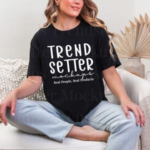 Gildan 64000 Black Tshirt Mockup | G64000 Black Tee Mock-up | Real Person Model | G640 Softstyle Tee | Trendy Boho Aesthetic | High-Quality